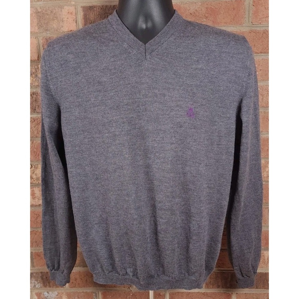 Psycho Bunny Mens Merino Wool V Neck Sweater Gray Preppy Golf Medium